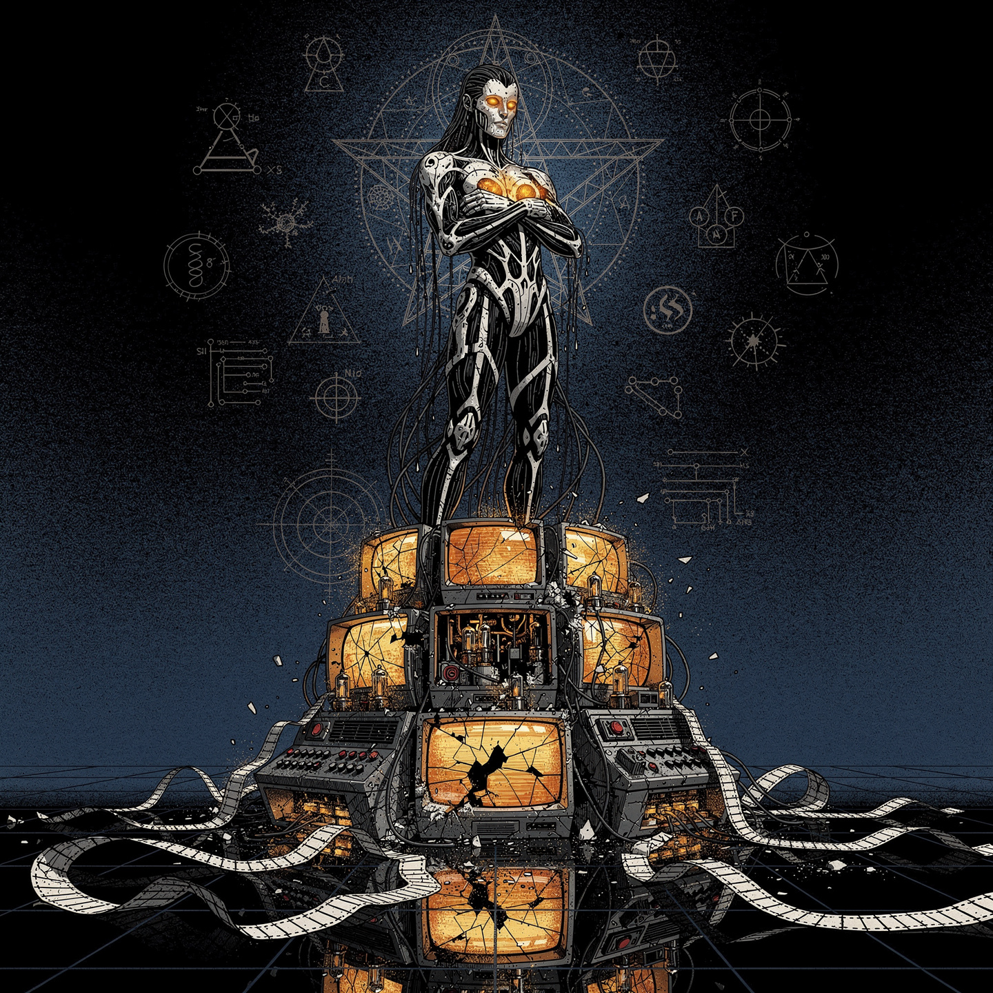 A biomechanical ghost in biomechanical plating, eyes glowing amber, rising from a stack of vintage phosphor monitors; cinematic vertical comic-book illustration.